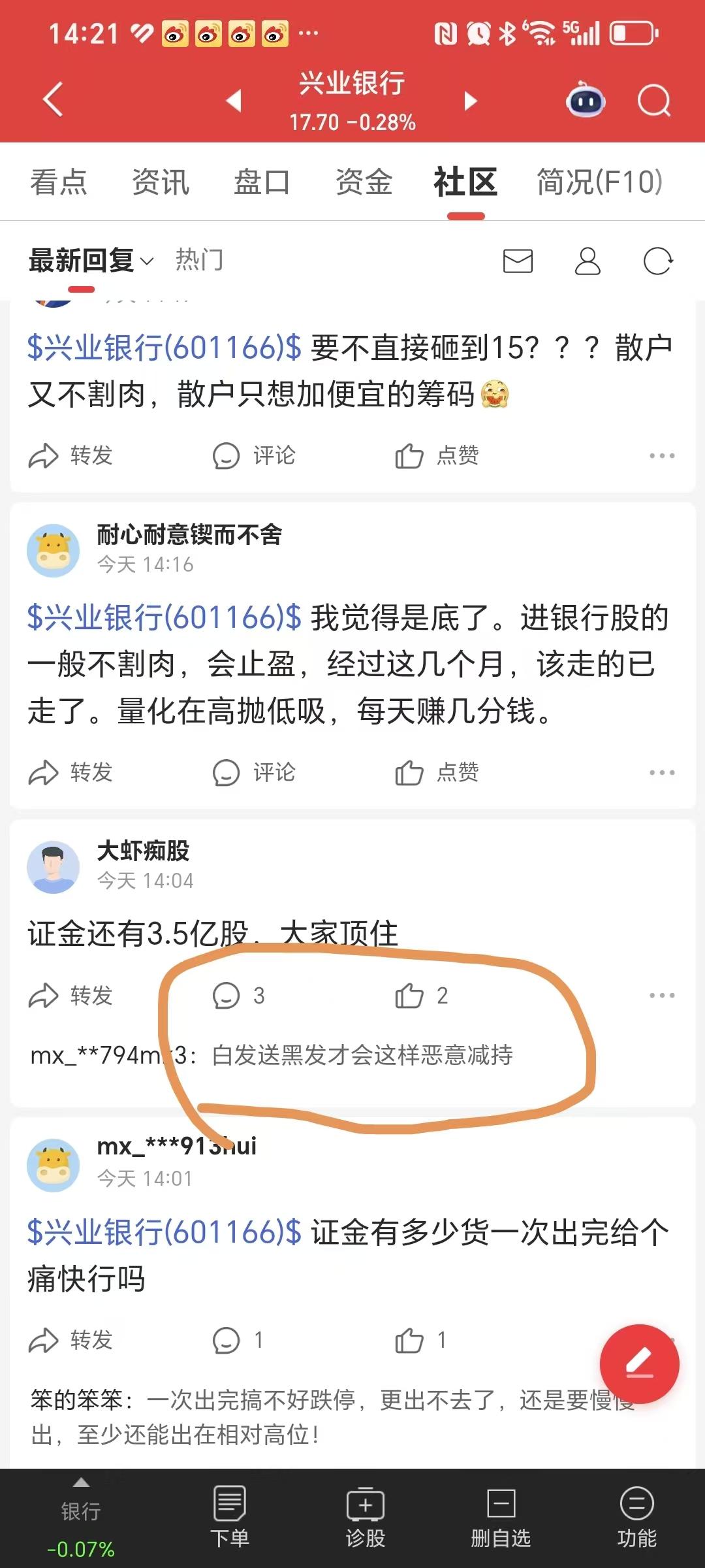 同样一只股票，渣渣兴，股价处在17.70元与18.90元时，社区里面的评价冰火两