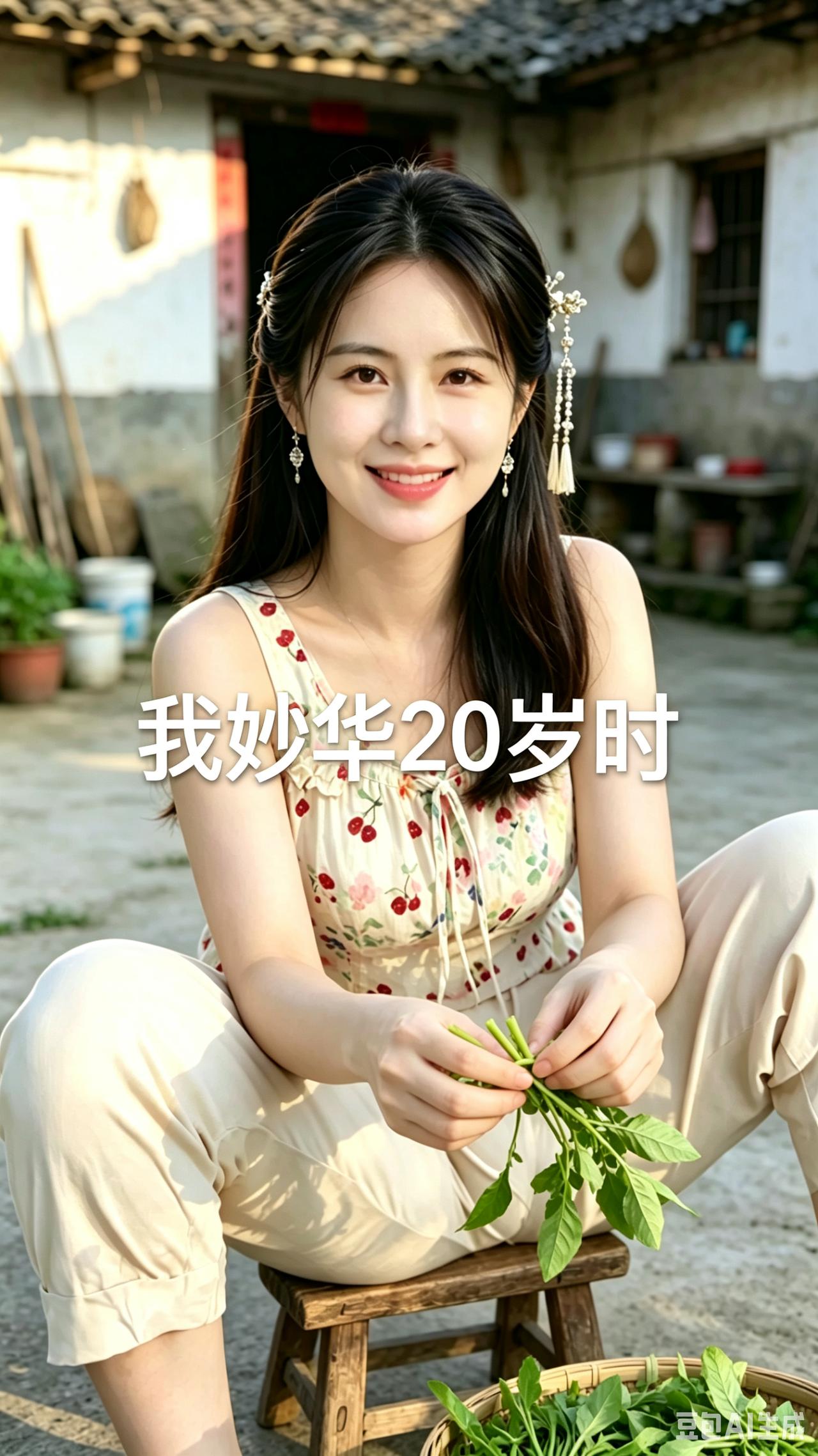 乡间妙华
 
农家小院沐晴光，
妙华芳年正二十。
手捧青蔬含浅笑，
田园温婉胜胭