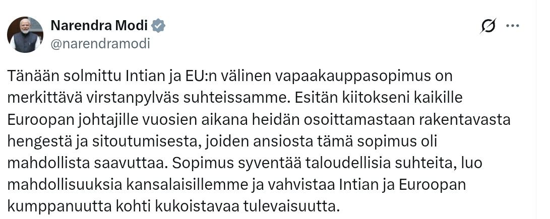 莫迪：今天签署的印度-欧盟自由贸易协定是我们关系中的一个重要里程碑。我要感谢多年