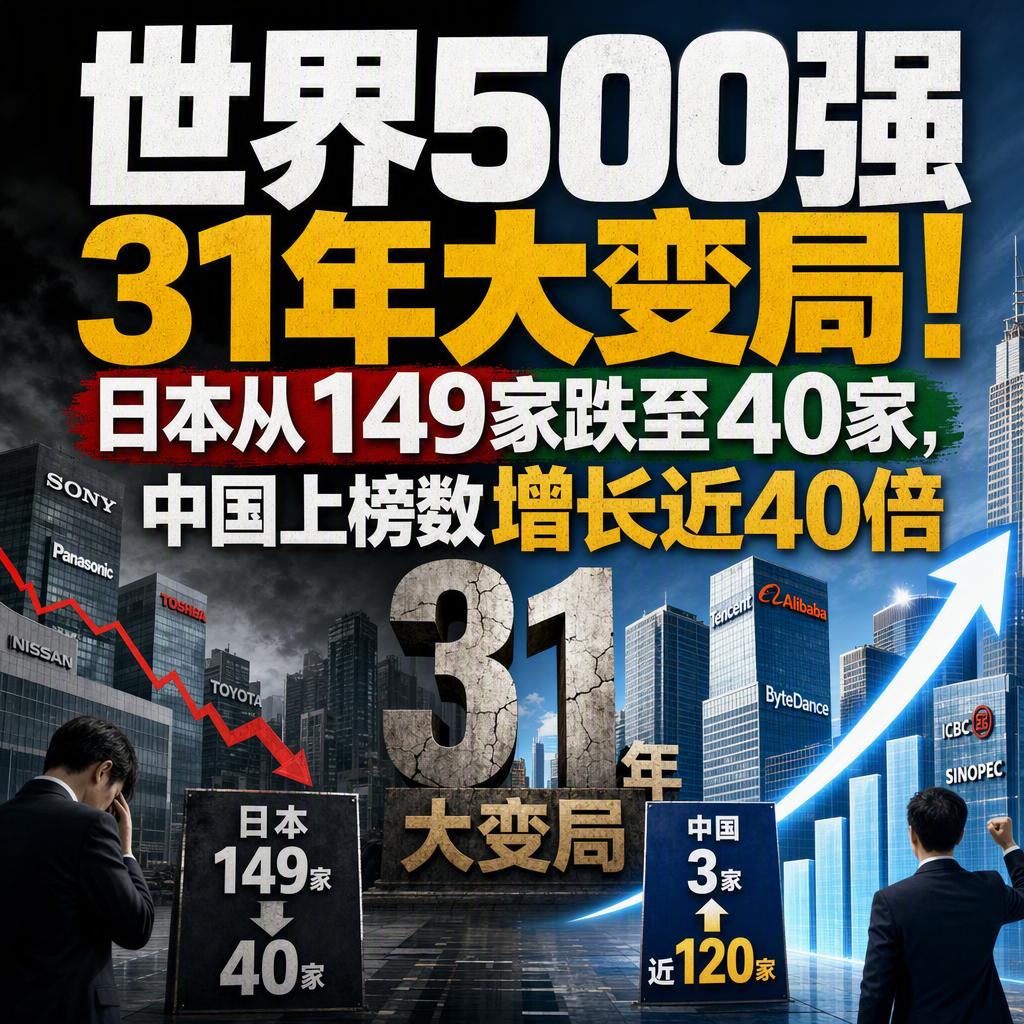 世界500强31年大变局！日本从149家跌到40家，中国上榜数增长近40倍。
先