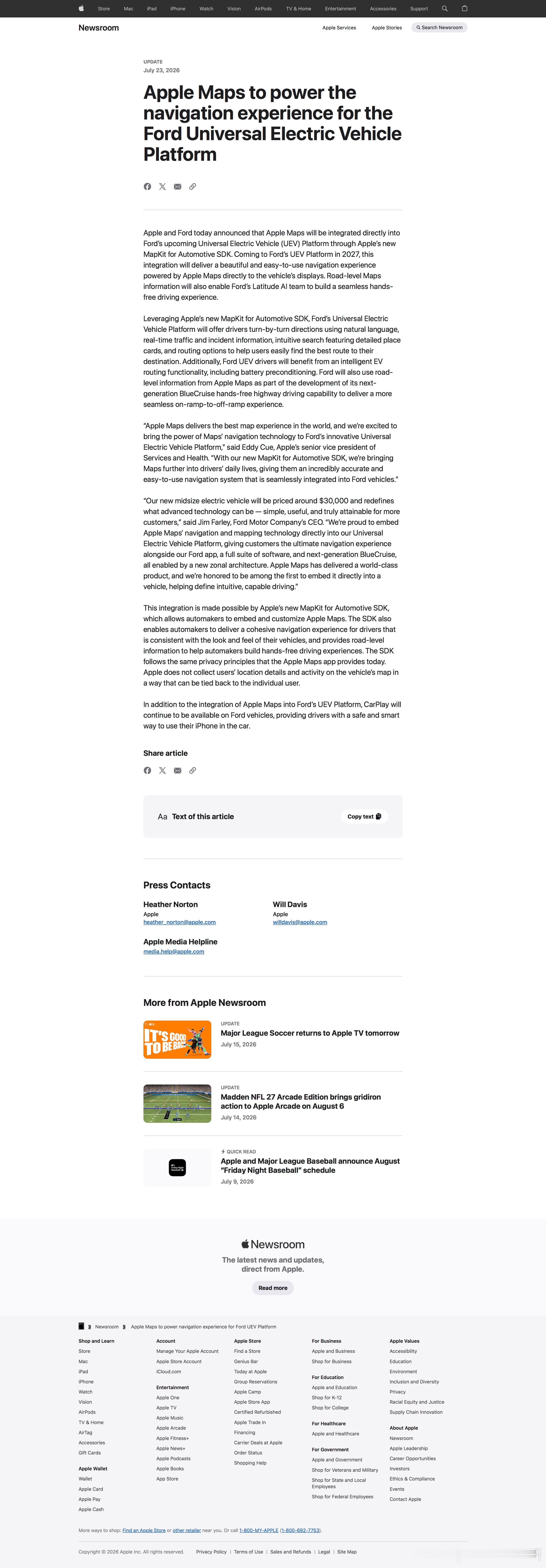Apple地图将为福特通用纯电平台提供导航能力Apple与福特今日联合宣布，依托