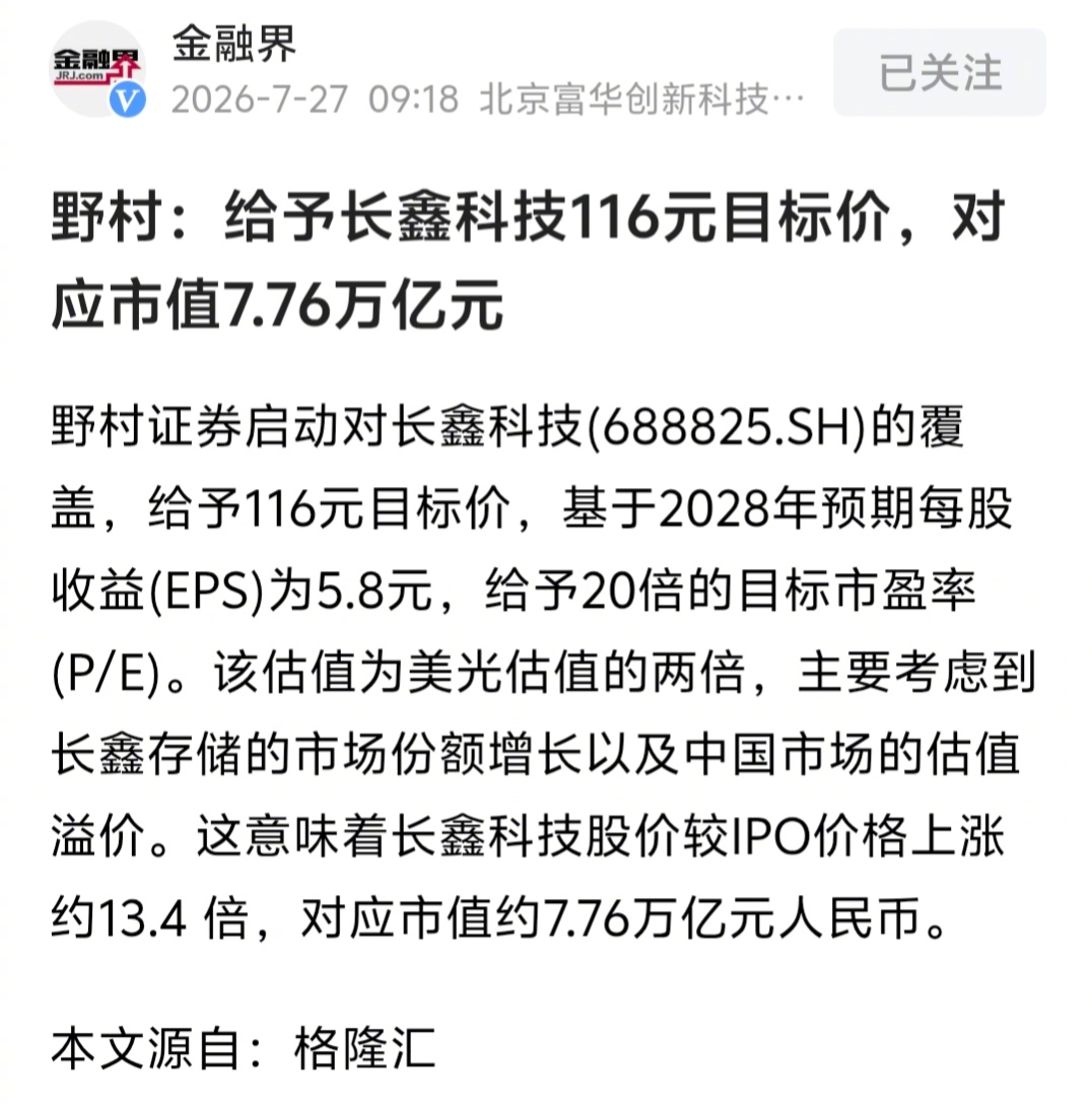 长鑫科技市值超过英特尔 野村给长鑫科技116元目标价，对应市值7.76万亿元。这