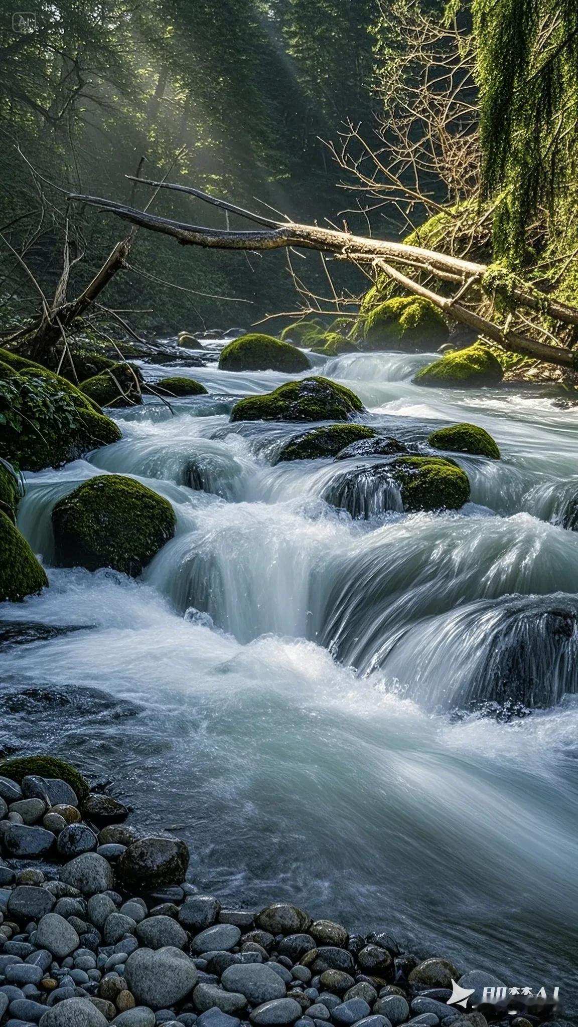 主题描述词：湍急的河水冲击河床岩石，白色泡沫在礁石间飞溅，两岸湿润的鹅卵石布满青