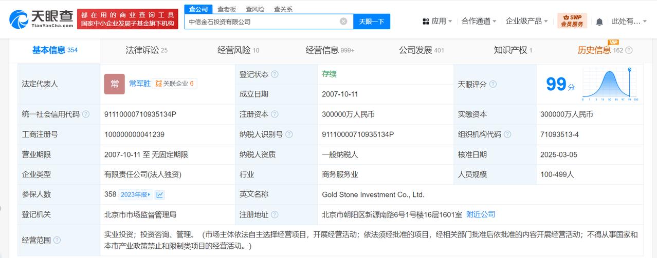 中信旗下金石投资公司更名
天眼查App显示，近日，金石投资有限公司发生工商变更，