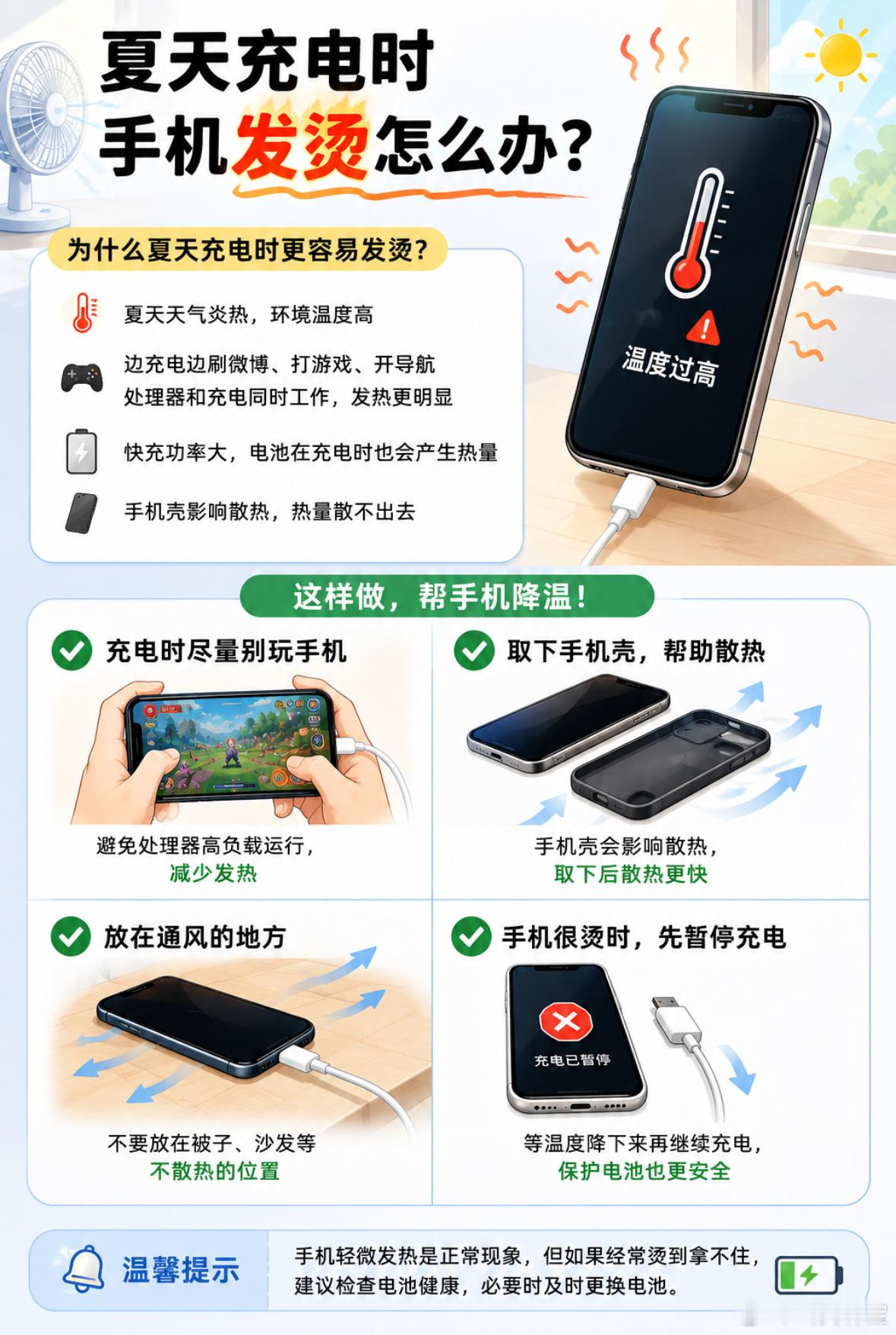 夏天充电时手机发烫怎么办夏天给手机充电发烫真的太常见了，天气本来就热，像我有时候