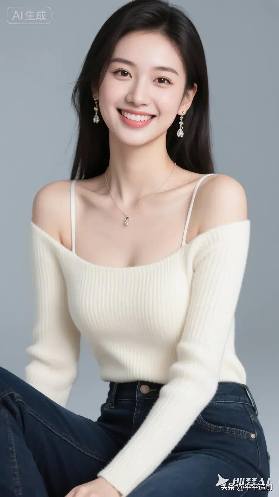 奶白色露肩针织衫温柔了整个画面，细肩带勾勒出精致肩颈，笑起来的瞬间，是藏在日常里