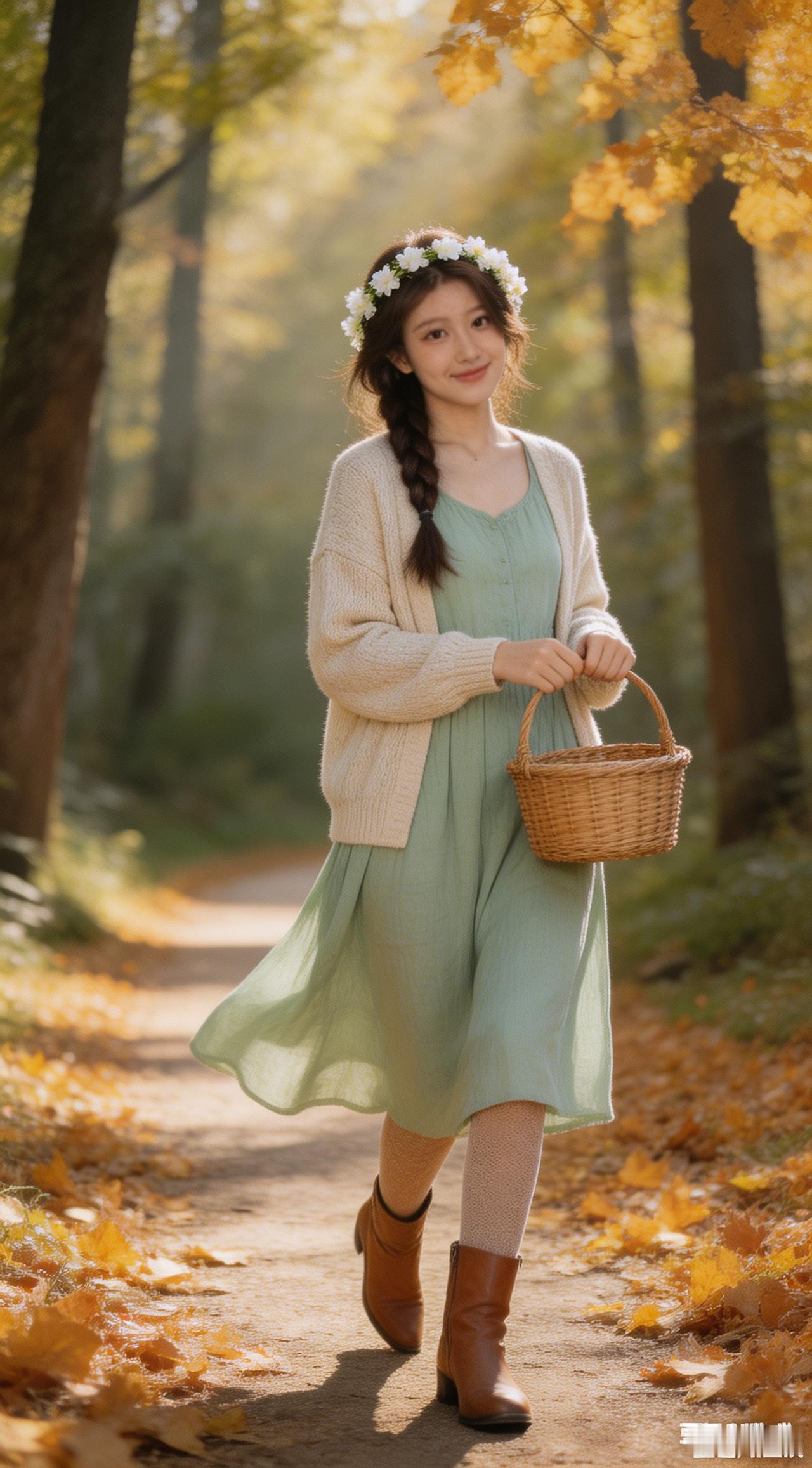 图片风格为 「人像摄影」，森系少女，棕色中长发，编着简单的麻花辫，头上戴着白色的