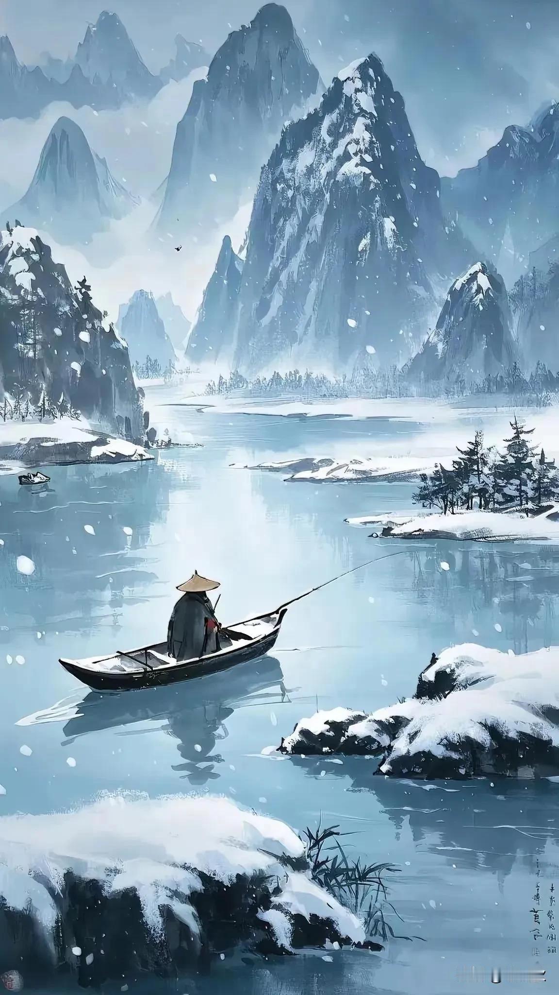 分享一张雪景图北国风光千里，冰封万里雪飘。孤舟蓑笠翁，独钓寒江雪。