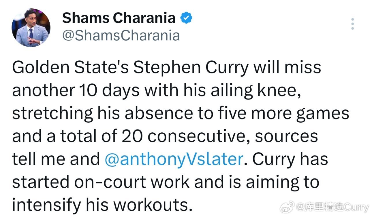 库里因膝伤将继续缺席10天共5场比赛！届时，库里累积缺席场次将达到20场。目前，