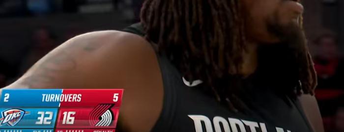 开拓者首节落后20分！杨瀚森上场的机会来了！开拓者队第一节就被打花！雷霆41比2