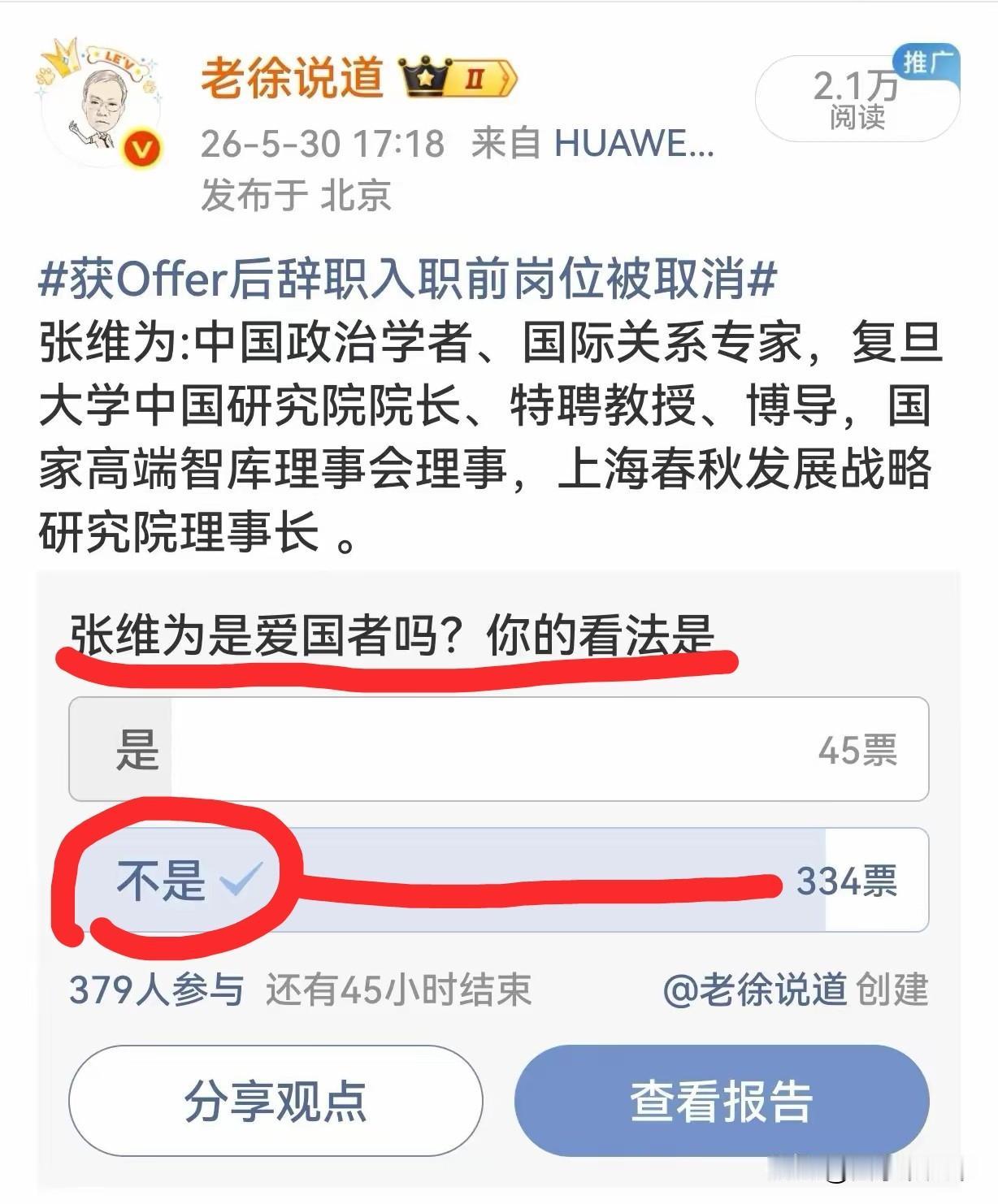 张维为是爱国者吗？在出现极化的时代，这种网络投票其实根本没意思，因为结果可以未卜