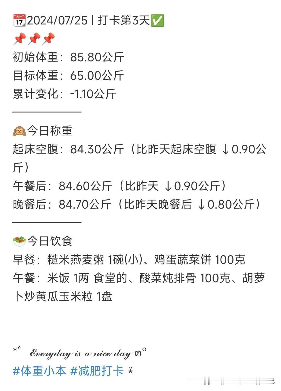 📆2024/07/25 | 打卡第3天✅
📌📌📌
初始体重：85.80公