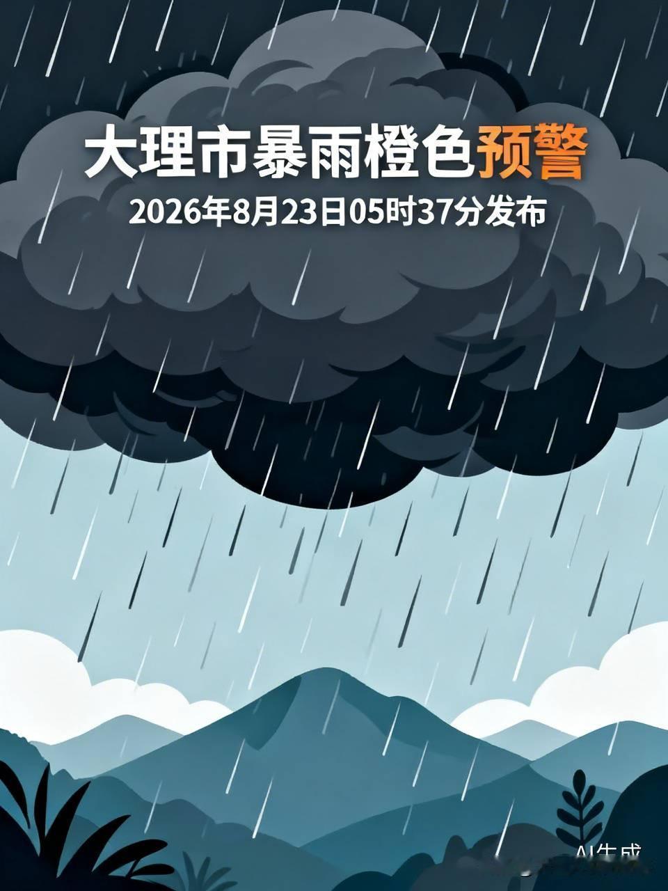 【大理市暴雨橙色预警】大理市气象台于2026年8月23日05时37分发布暴雨橙色