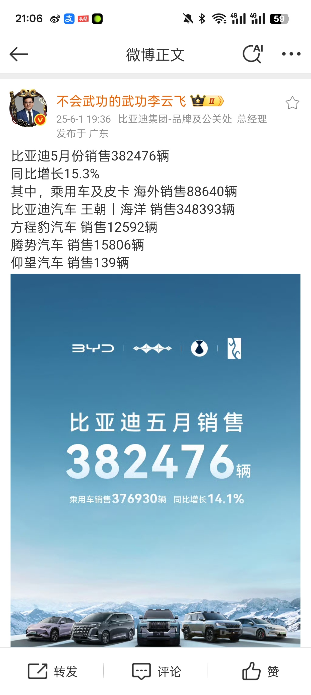 又是遥遥领先的一个月！比亚迪5月份销售382476辆！同比增长15.3%！就这销