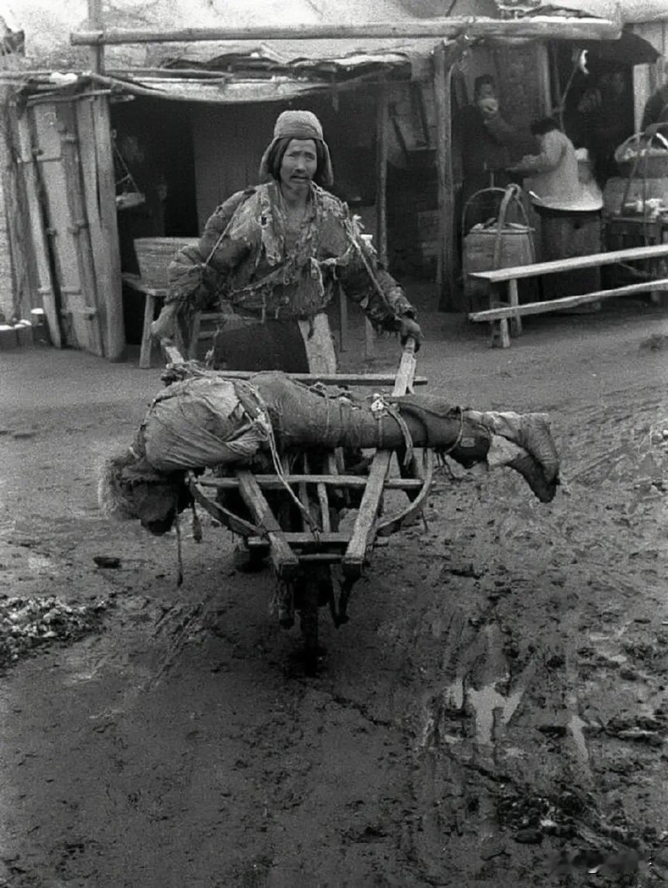 1942年河南大饥荒，老人推着自己饿死的孩子。
摄影师是美国著名记者白修德，白修