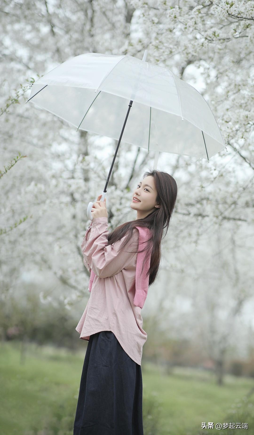 樱花雨中漫步，撑伞少女笑语盈盈。