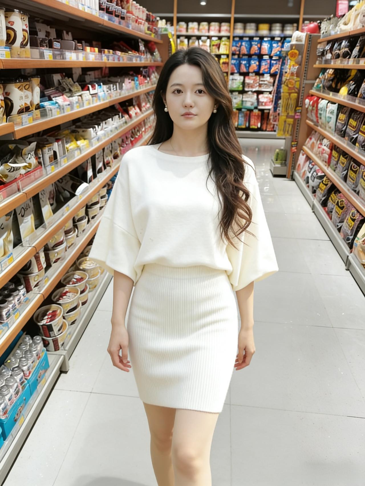 超市琳琅列架稠，素衣佳人步清悠。
罗衫裁得霜雪色，云鬓梳成风露愁。
顾盼已倾三山