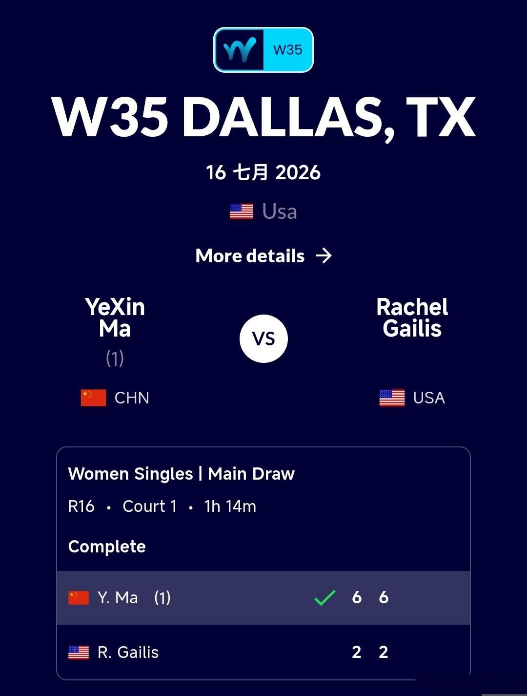 W35达拉斯站🇺🇸女单第2轮马烨欣🇨🇳6-2/6-2战胜加里斯🇺🇸逯