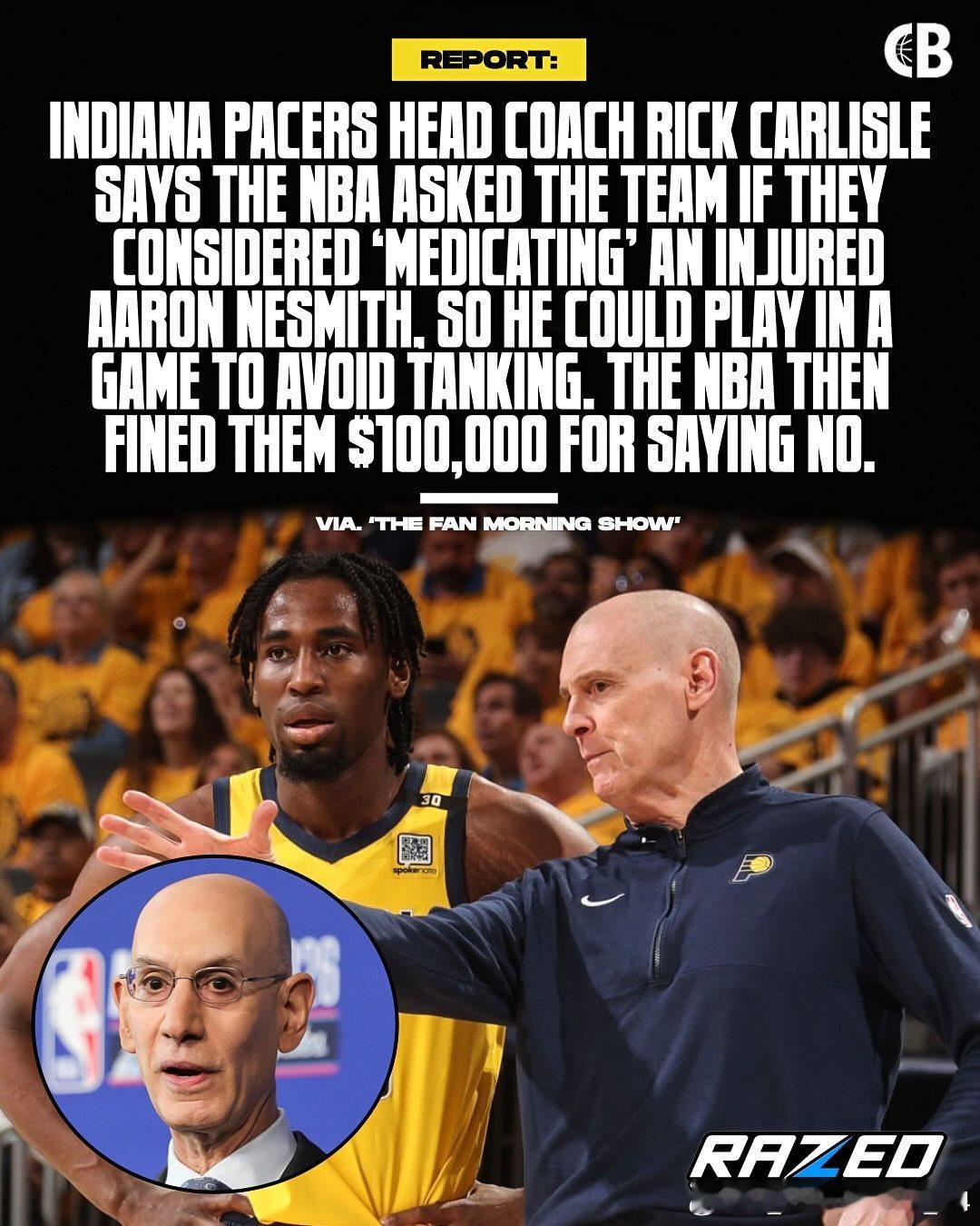 印第安纳步行者主教练里克·卡莱尔透露，NBA曾询问球队是否考虑给受伤的阿龙·内史