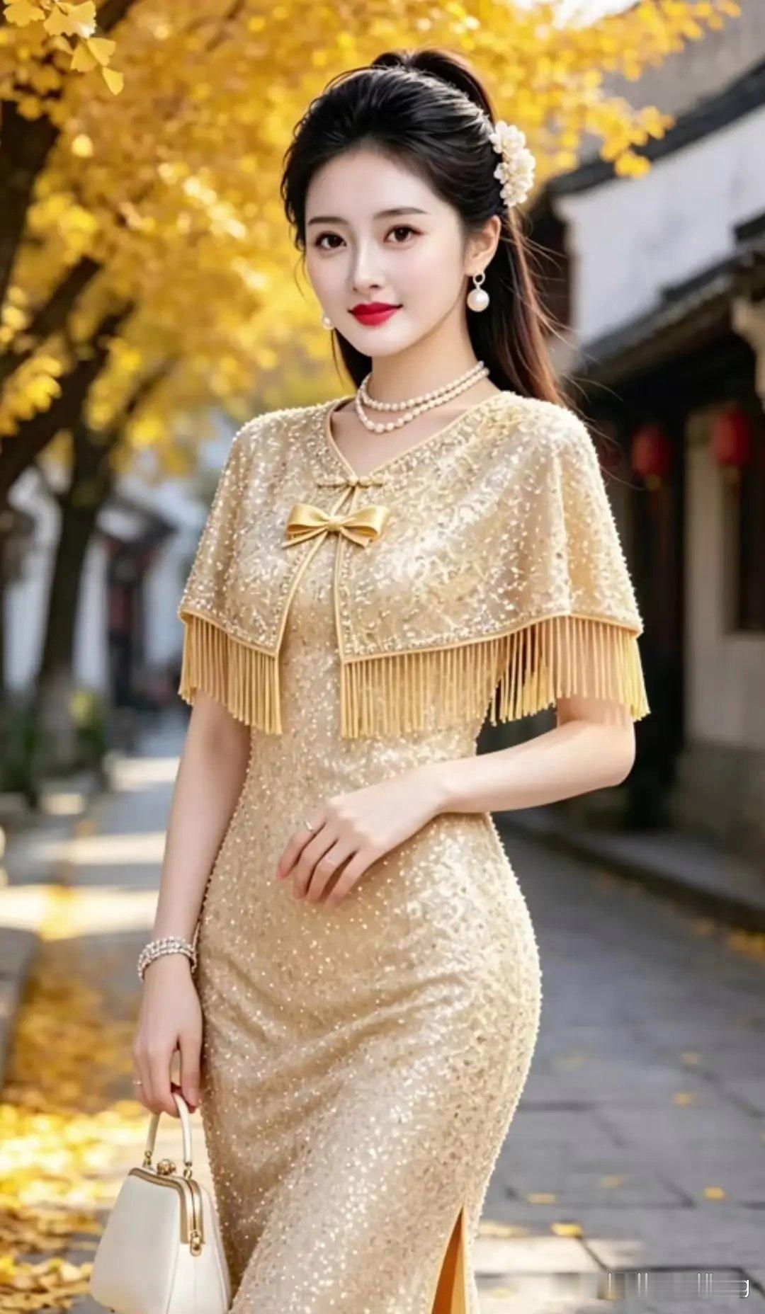 金风暖，银杏黄。
古巷静，韵悠长。
着旗袍，容端庄。
凝浅笑，沐秋光。
 
AI
