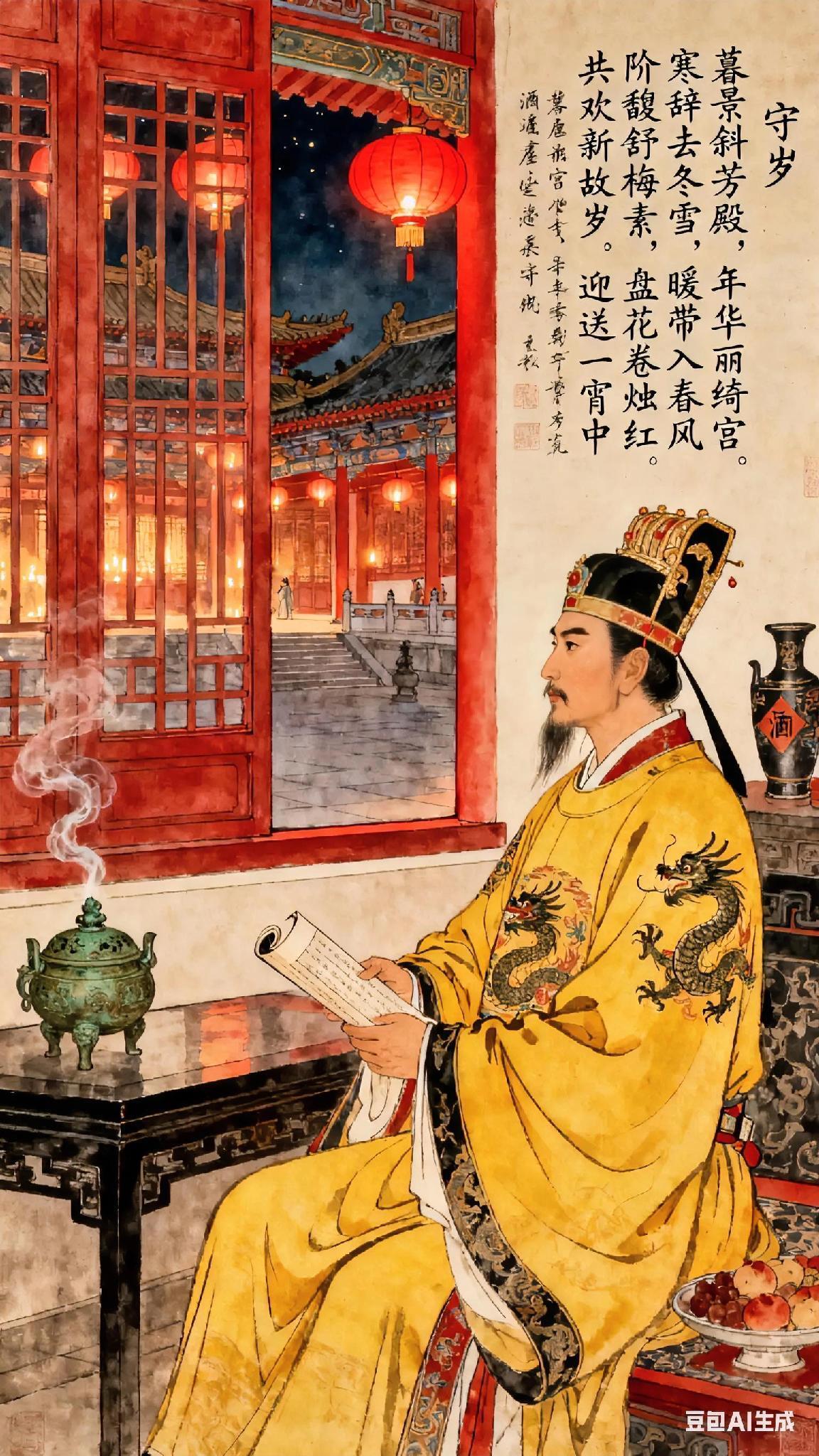 《守岁》唐、李世民。
暮景斜芳殿，
年华丽绮宫。
寒辞去冬雪，
暖带入春风。
阶