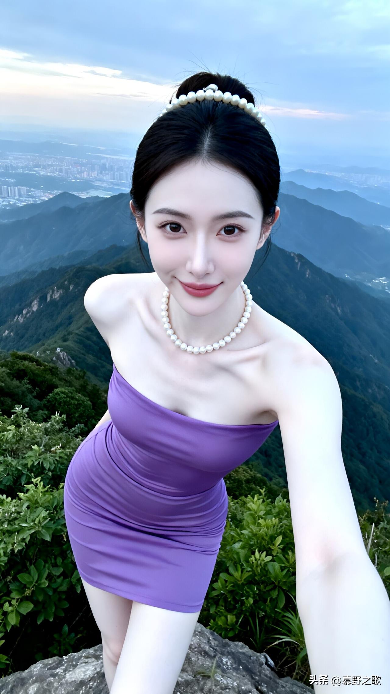 紫色镂空透视包臀裙+珍珠发饰+珍珠项链随手拍一张夕阳西下的美景 分享几张不错的壁