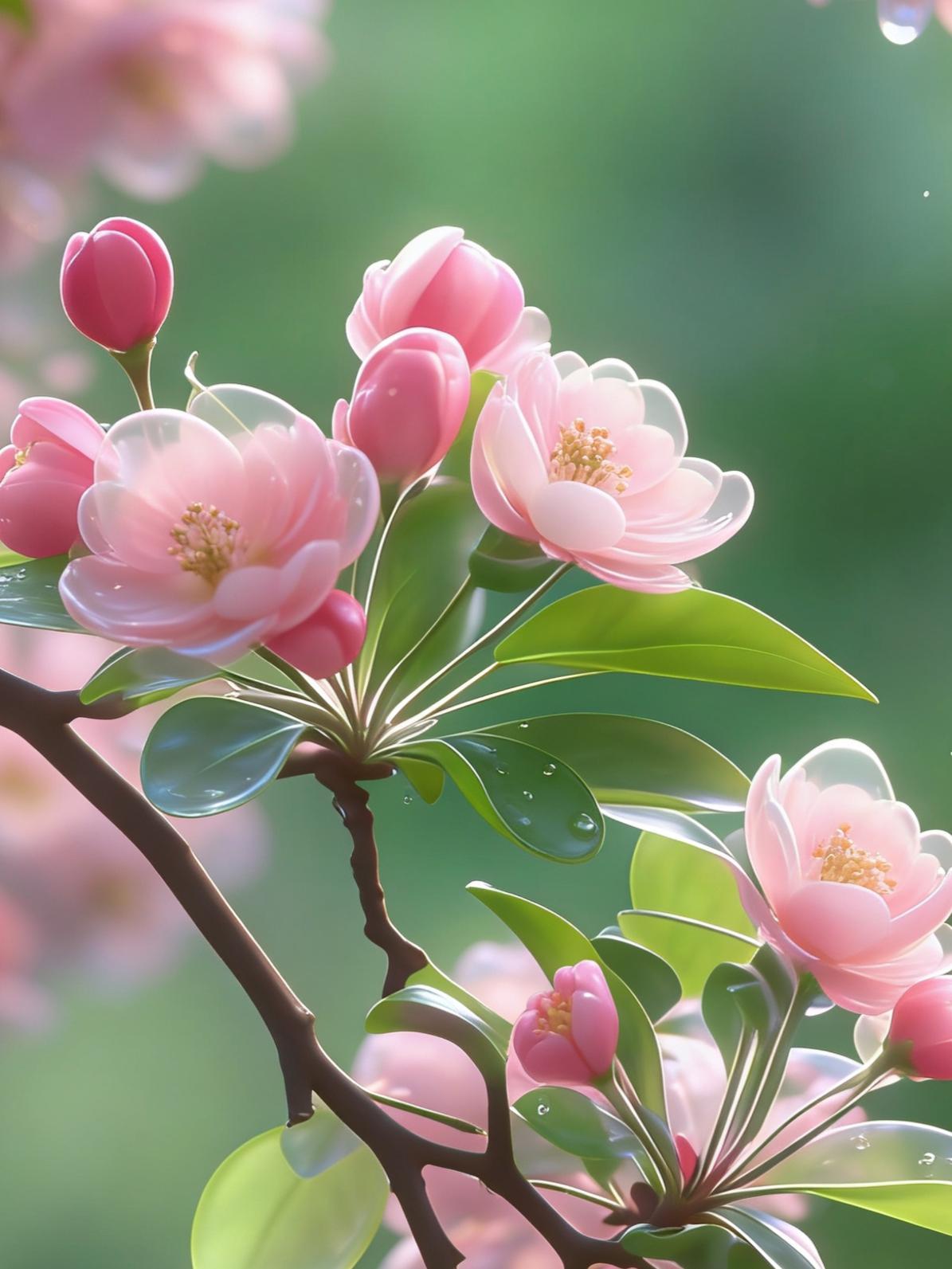 看到这句“粉花含笑春风里，玉枝轻摇绿影间”，脑海里瞬间浮现出一幅绝美画面。我也忍