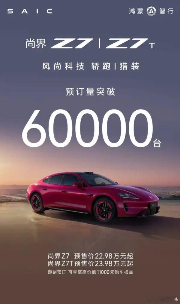 【尚界Z7/Z7T小订突破6万台 ，华为896线激光雷达加持】鸿蒙执行官宣布，旗