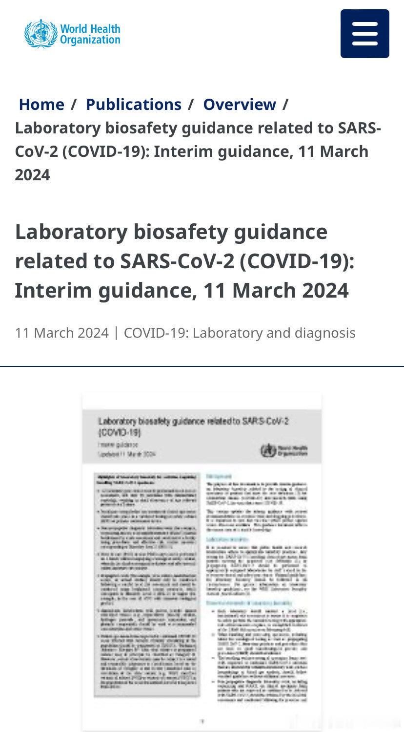 新冠病毒实验室风险降级2024年3月11日，世卫组织发布了新冠病毒的实验室生物安