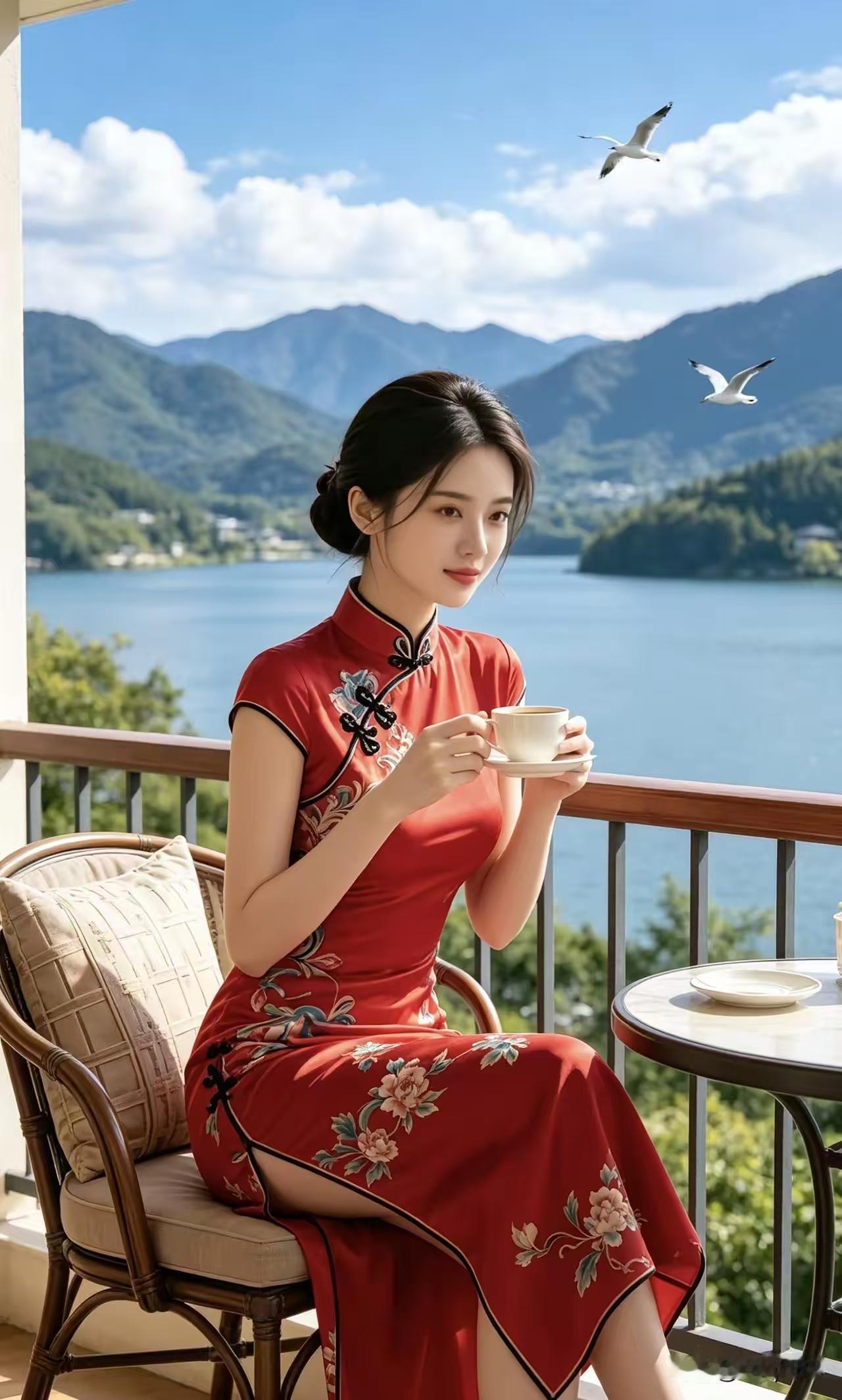 红绣鞋·湖山晴望
云漾晴光凝碧，
湖含黛色澄明，
旗袍轻染胭脂清。
风摇栏畔柳，