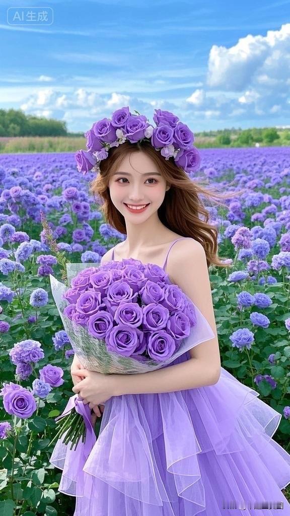 紫色花海中的浪漫少女，手持一束紫色玫瑰，微笑面对镜头。