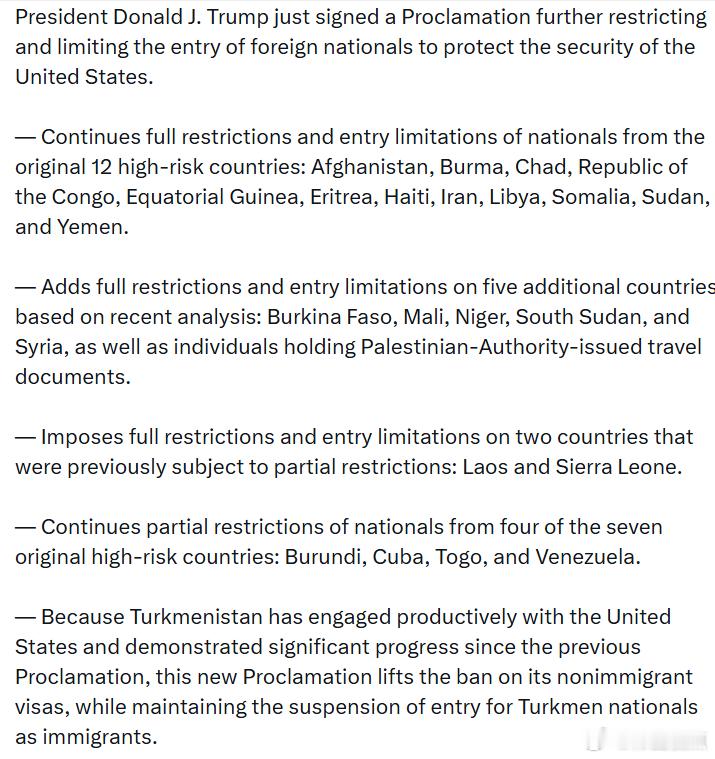 特朗普总统刚刚签署了一项公告，进一步限制和收紧外国公民入境，以保护美国的国家安全
