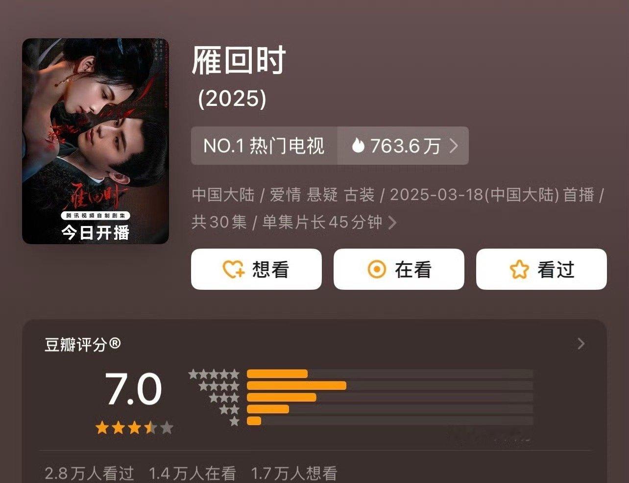 雁回时豆瓣开分7.0高了还是低了 陈都灵 辛云来主演电视剧《雁回时》豆瓣开分7.