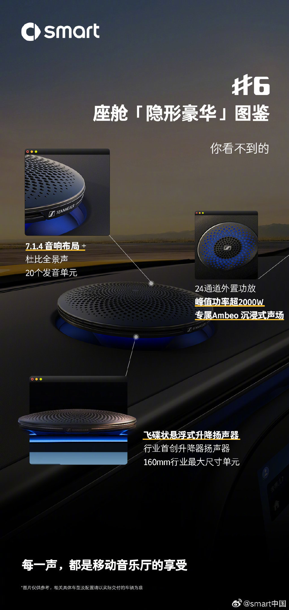 你愿意为车内的仪式感买单吗 4月7日，smart精灵6号正式公布内饰细节。新车配