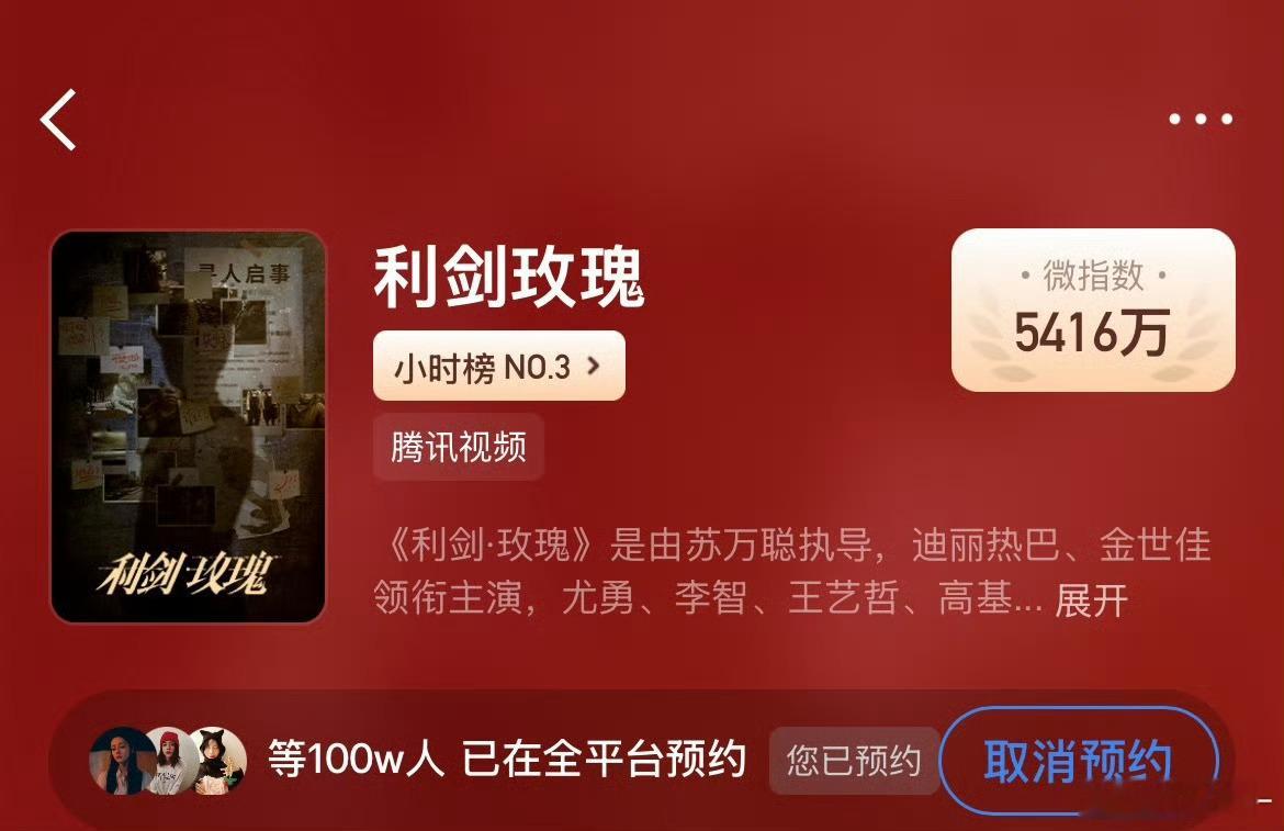 啊啊啊利剑玫瑰预约破100万了！明天可以准备物料了，最好明天直接定档好嘛🌹 ​