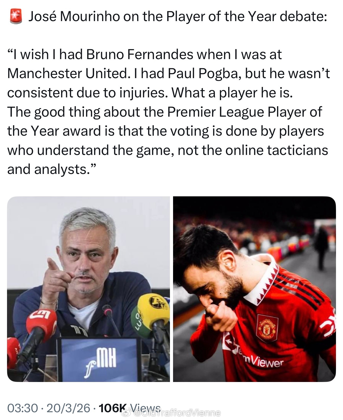 穆里尼奥：多希望当年执教曼联得时候我有个费尔南德斯，我有博格巴，但不稳定。