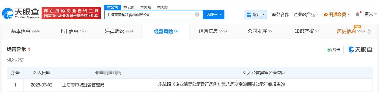 【克莉丝汀被列为经营异常 此前被申请破产审查】
天眼查经营风险信息显示，近日，上