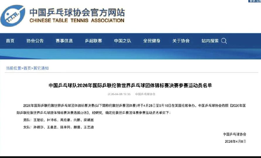重磅官宣！中国乒协公布世乒团体赛各单，樊振东自愿放弃参赛，梁靖崑补位入选。