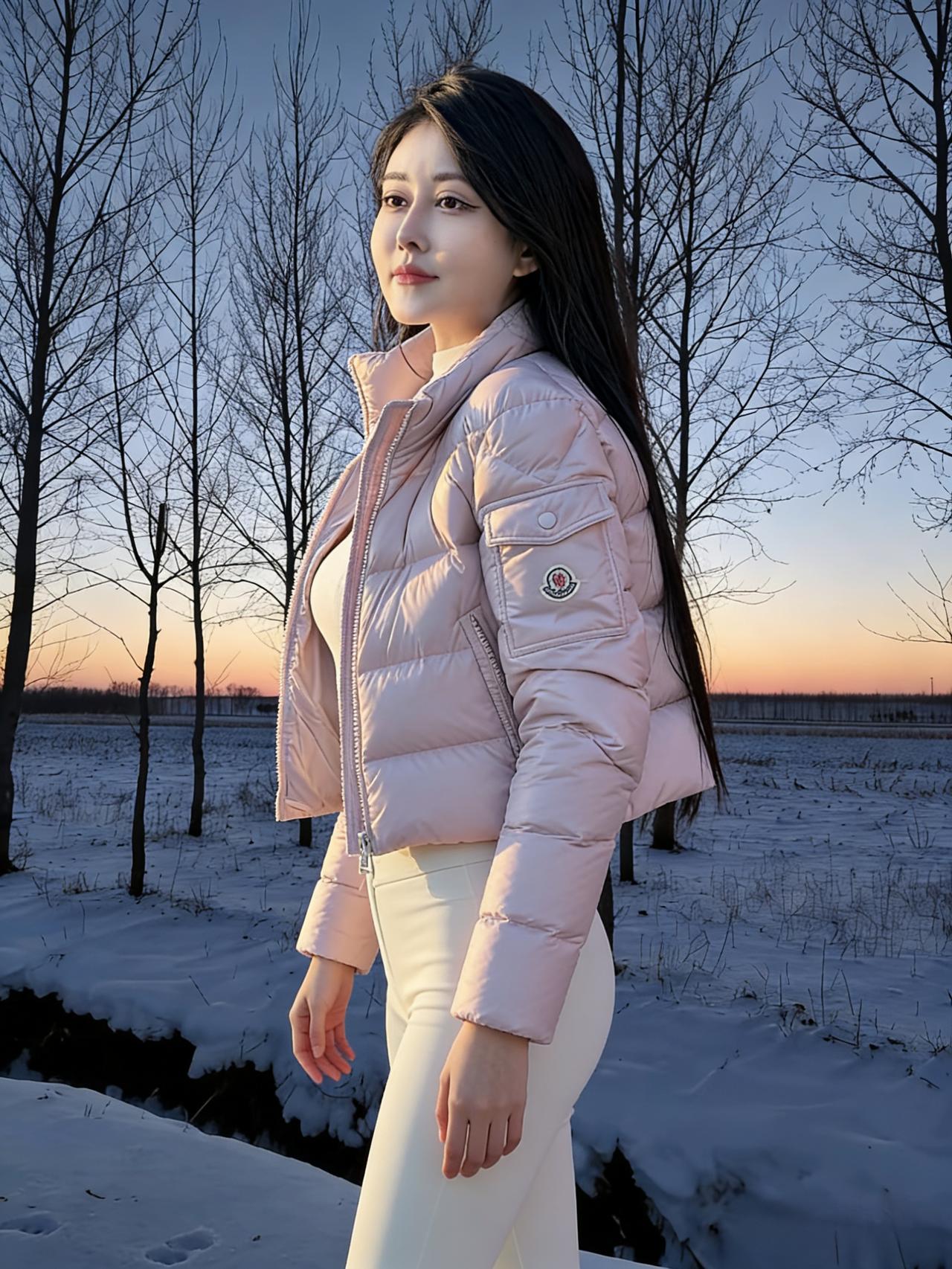 雪把大地揉成柔软的宣纸
树桠是蘸了墨的笔，斜斜划开暮色
白羽绒服垂落的褶皱
是未