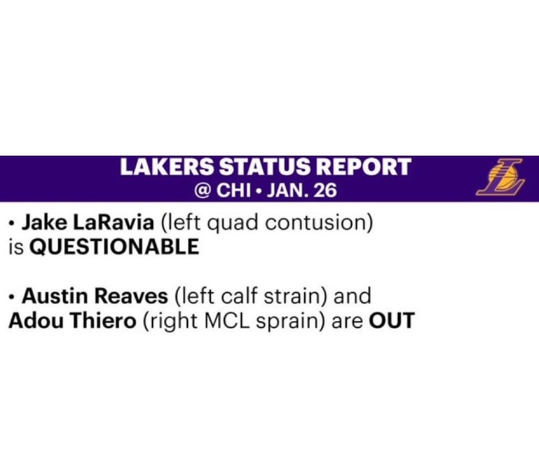 明天湖人客场挑战公牛，拉拉维亚因左腿挫伤出战成疑，里夫斯和阿杜继续缺席，如果拉拉