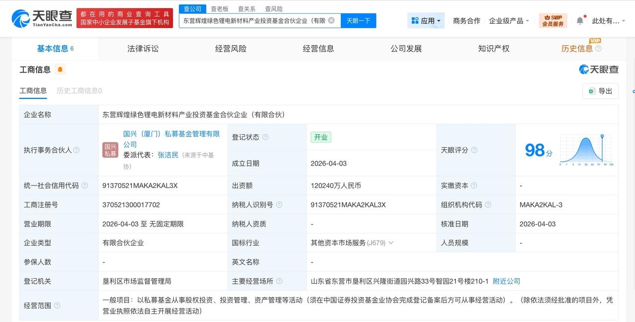 东营辉煌绿色锂电新材料产业投资基金成立 出资额约12亿

天眼查工商信息显示，近