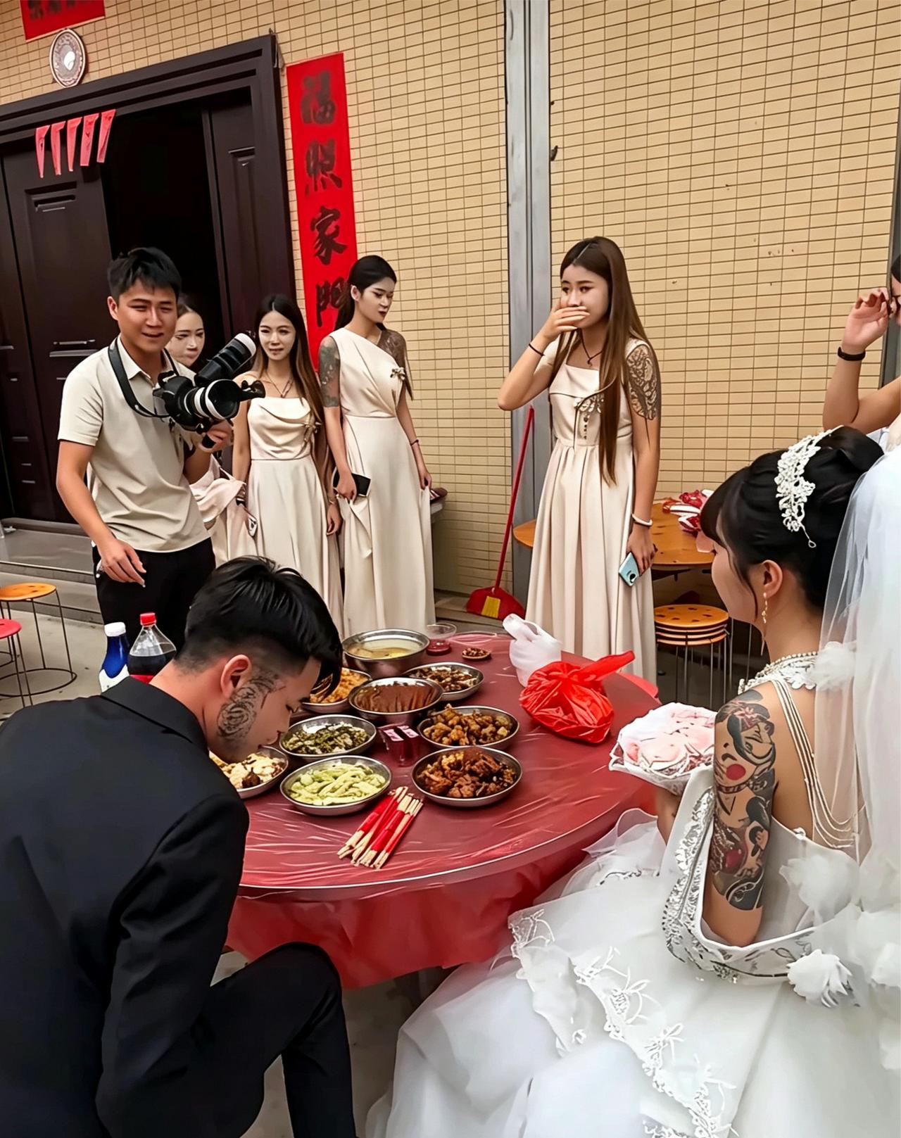 一堆新人结婚，来了好多人，就是这纹身有点多。领证新人