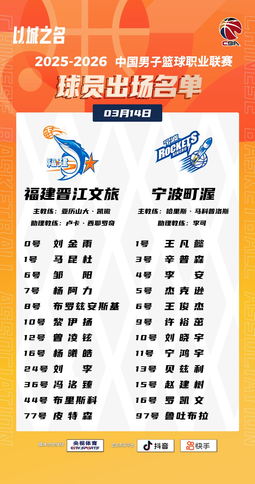 【大名单出炉】2025-2026赛季CBA联赛常规赛第二十五轮今晚继续进行，6场