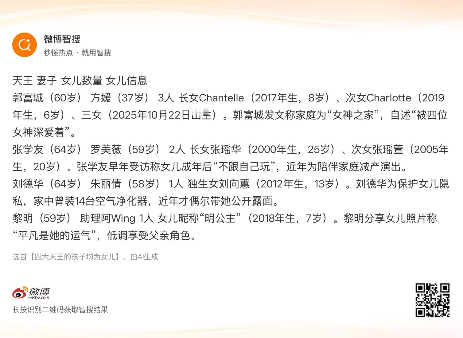 四大天王的孩子均为女儿可以买彩票的概率了！张学友、刘德华、郭富城、黎明四位天王的