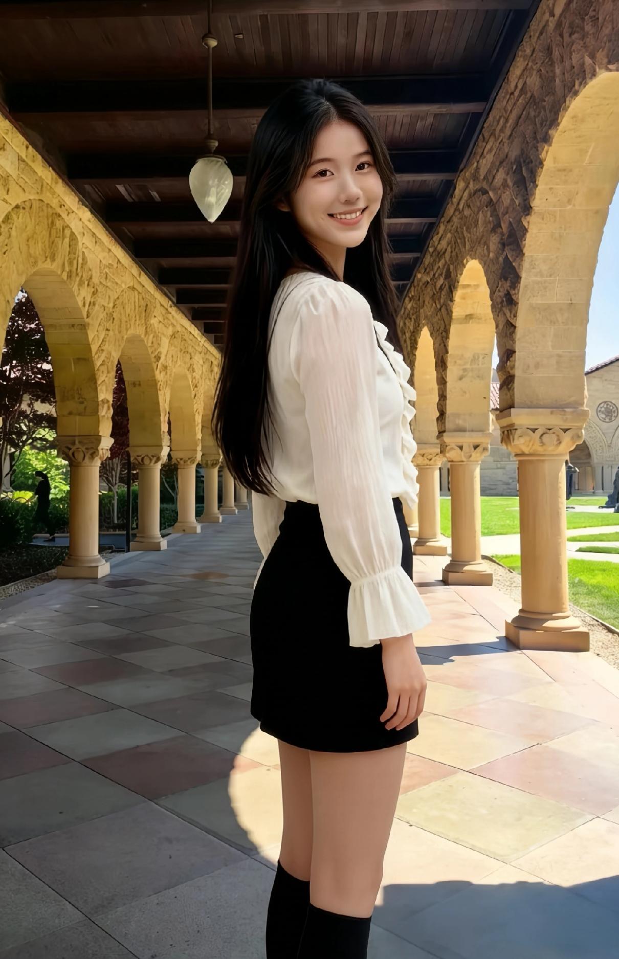 廊柱托着加州的阳光，
金砂色的石纹里，藏着百年的风。
当她的指尖轻贴柱身，
像触