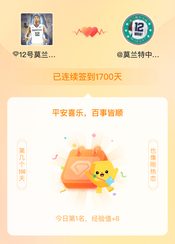 #12号莫兰特[超话]#我在#12号莫兰特[超话]#连续签到1700天啦，百看不