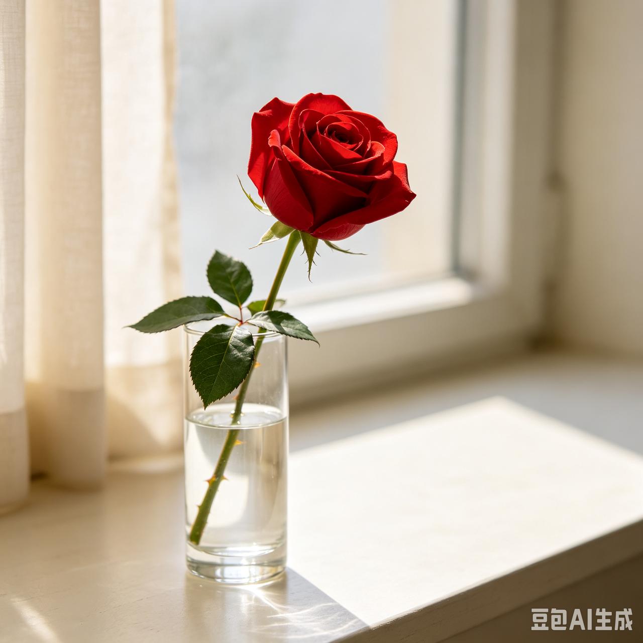 窗边一束红玫瑰，静静立在玻璃瓶中。暖光轻轻落在花瓣上，热烈的红，温柔又安静。玫瑰
