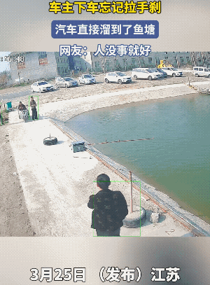 男子跑的很快，不过，车子还是滑溜下去了。
这个不能责怪水塘，也不能责怪路面是漫下