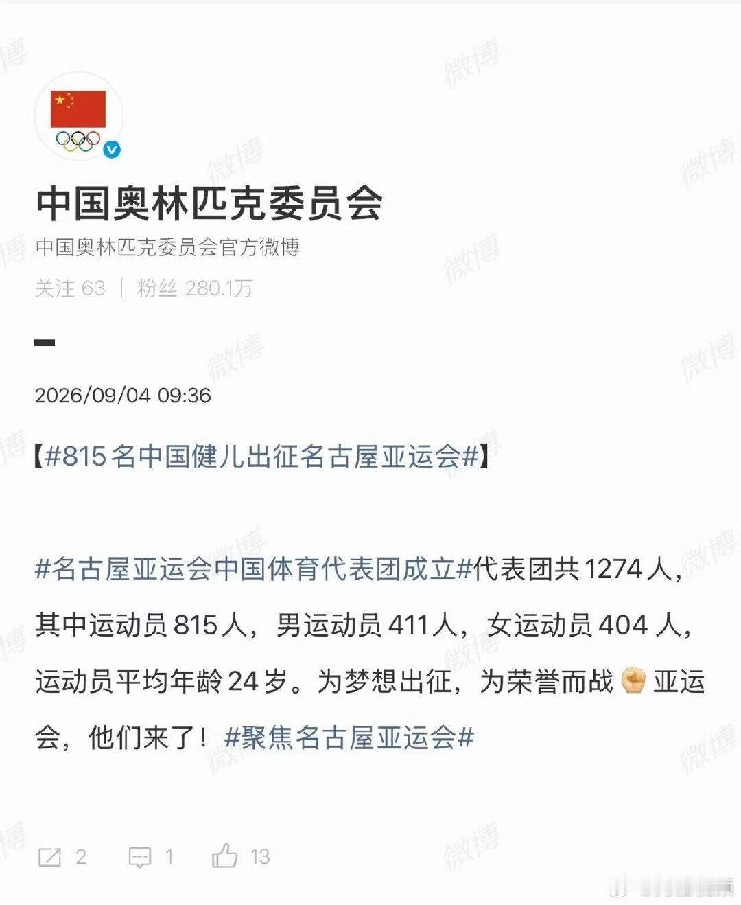 【815名运动员出征亚运会】亚运会中国体育代表团共1274人9月4日，发文称，名