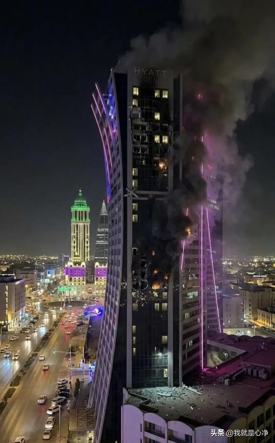 这座大楼，据说就是沙特利雅得美国情报人员所藏身的酒店
被伊朗的无人机击中严重受损